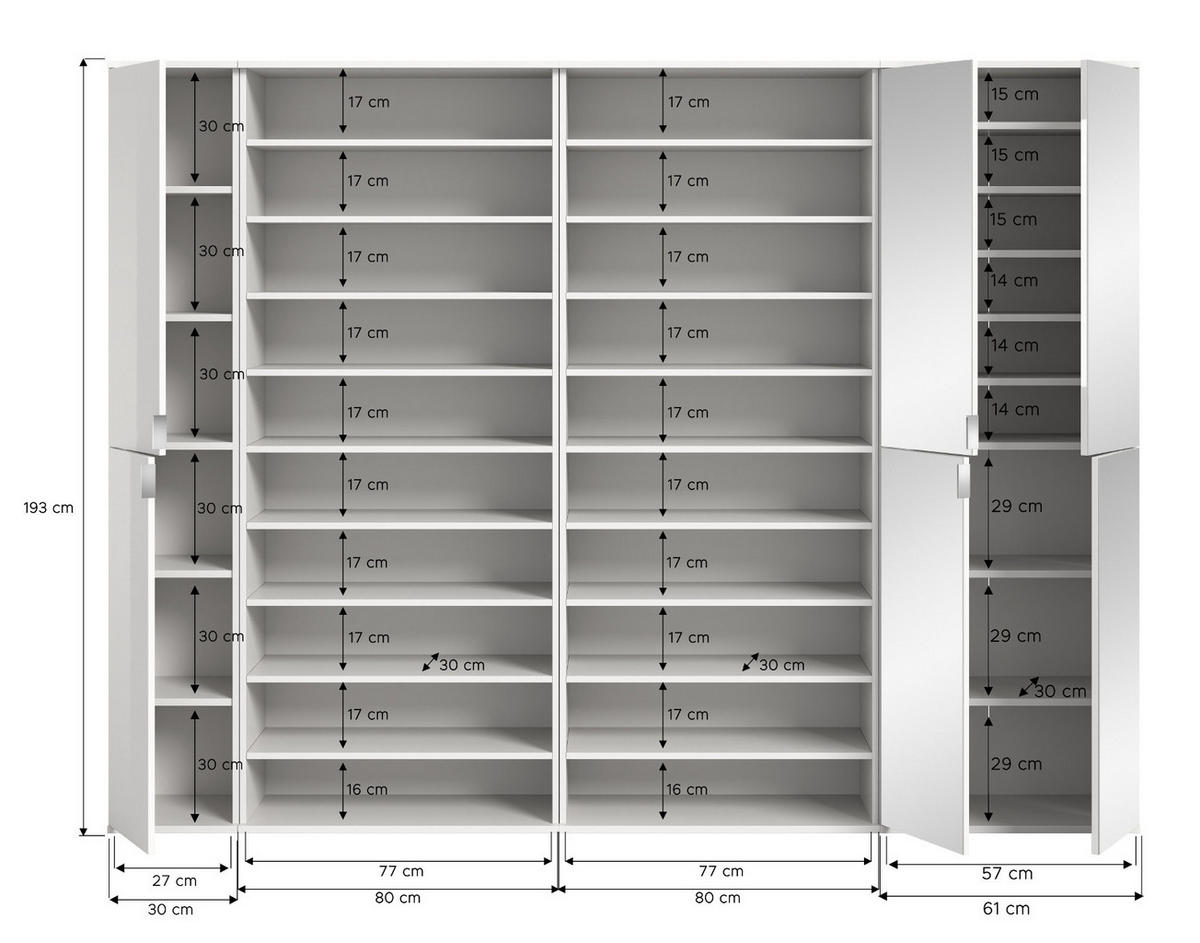 GARDEROBENSCHRANK weiß Hochglanz 281 cm, Schuhschrank XXL mit 35 Fächern - Chromfarben/Weiß Hochglanz, Glas/Holzwerkstoff (251/193/34cm) - Inn.Furn
