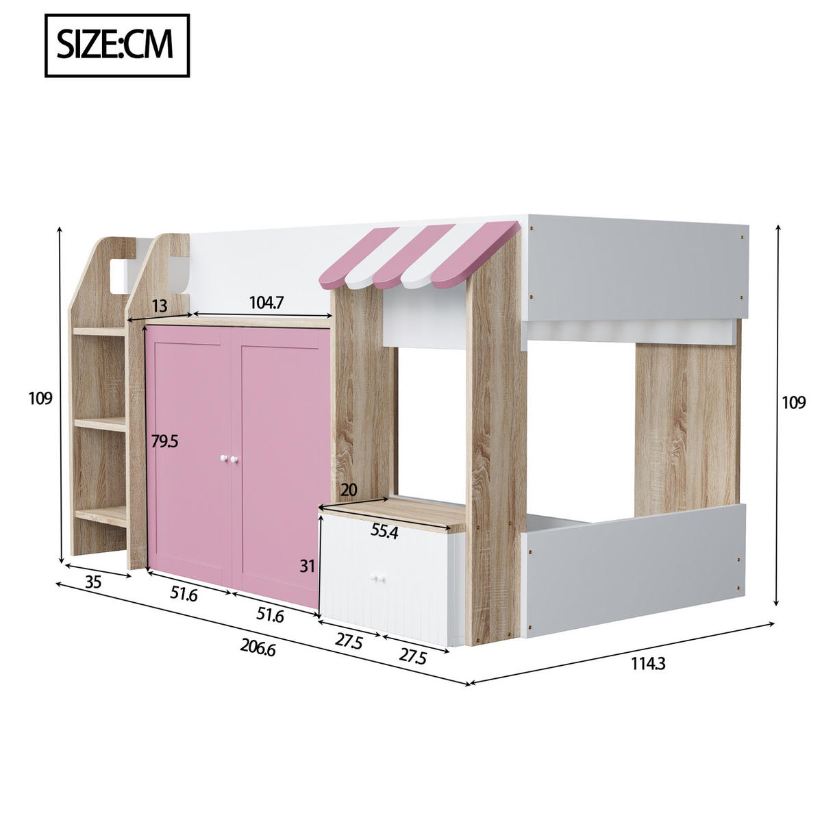 HOCHBETT aus Holz 90x200 cm in Rosa mit Leiter & Stauraum - Rosa, Holzwerkstoff (90/200cm) - Modfu