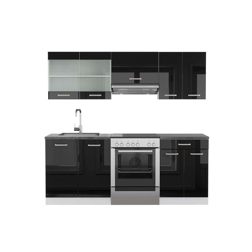 KÜCHENZEILE R-Line Schwarz Hochglanz/Weiß 200 cm, AP Anthrazit - Schwarz Hochglanz/Weiß, Holzwerkstoff (200/81.6/60cm) - Vicco