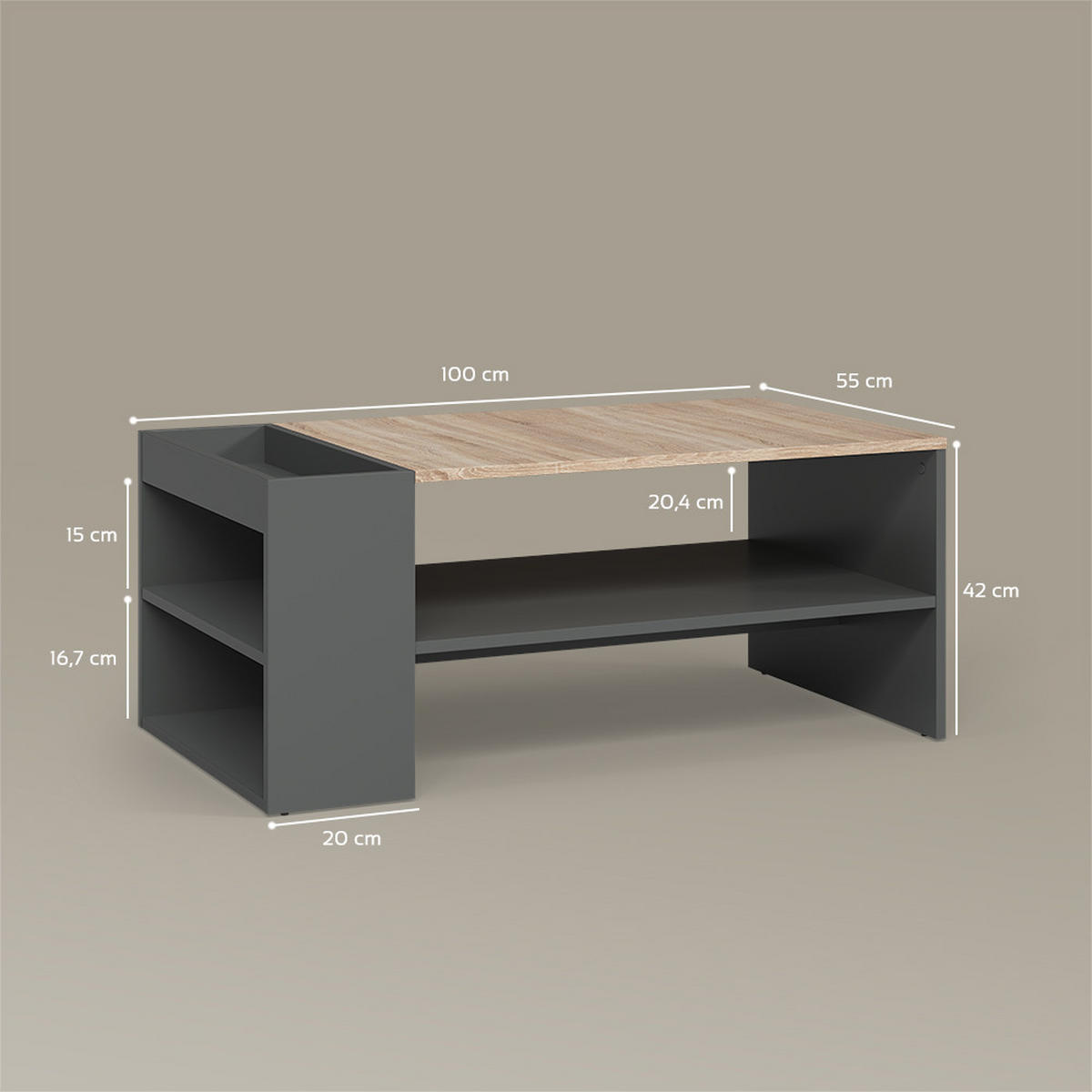 COUCHTISCH Piave Anthrazit/Sonoma mit Regalen - Anthrazit/Sonoma Eiche, Holzwerkstoff (55/100/42cm) - Livinity®