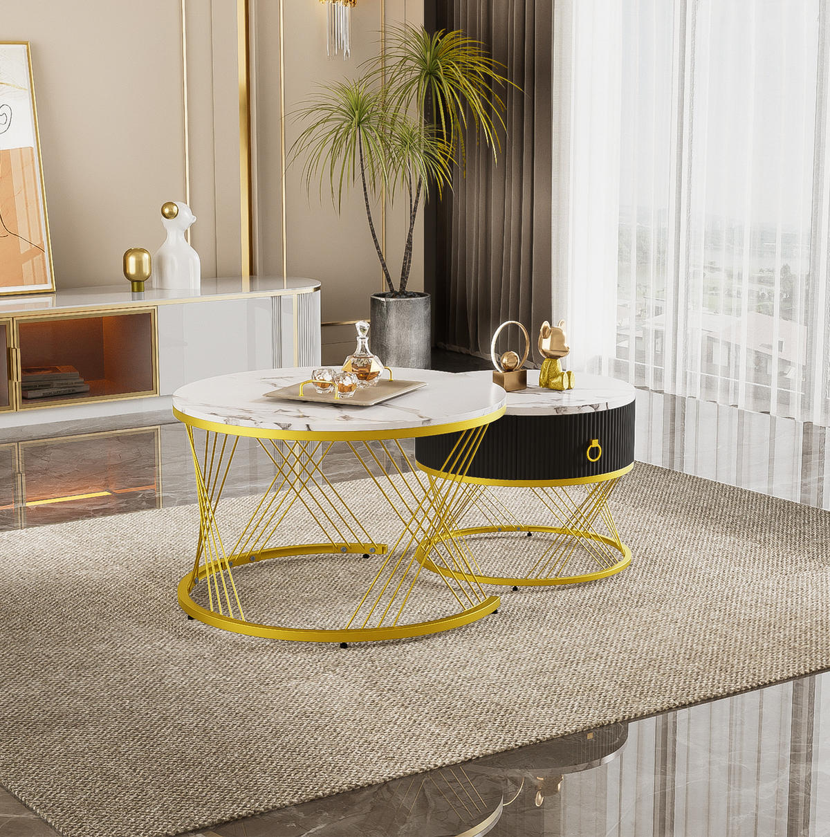COUCHTISCH 2er-Set ineinander verschachtelbar Marmoroptik Weiß Gold - Weiß, Metall (70/70/45cm) - Meubliv