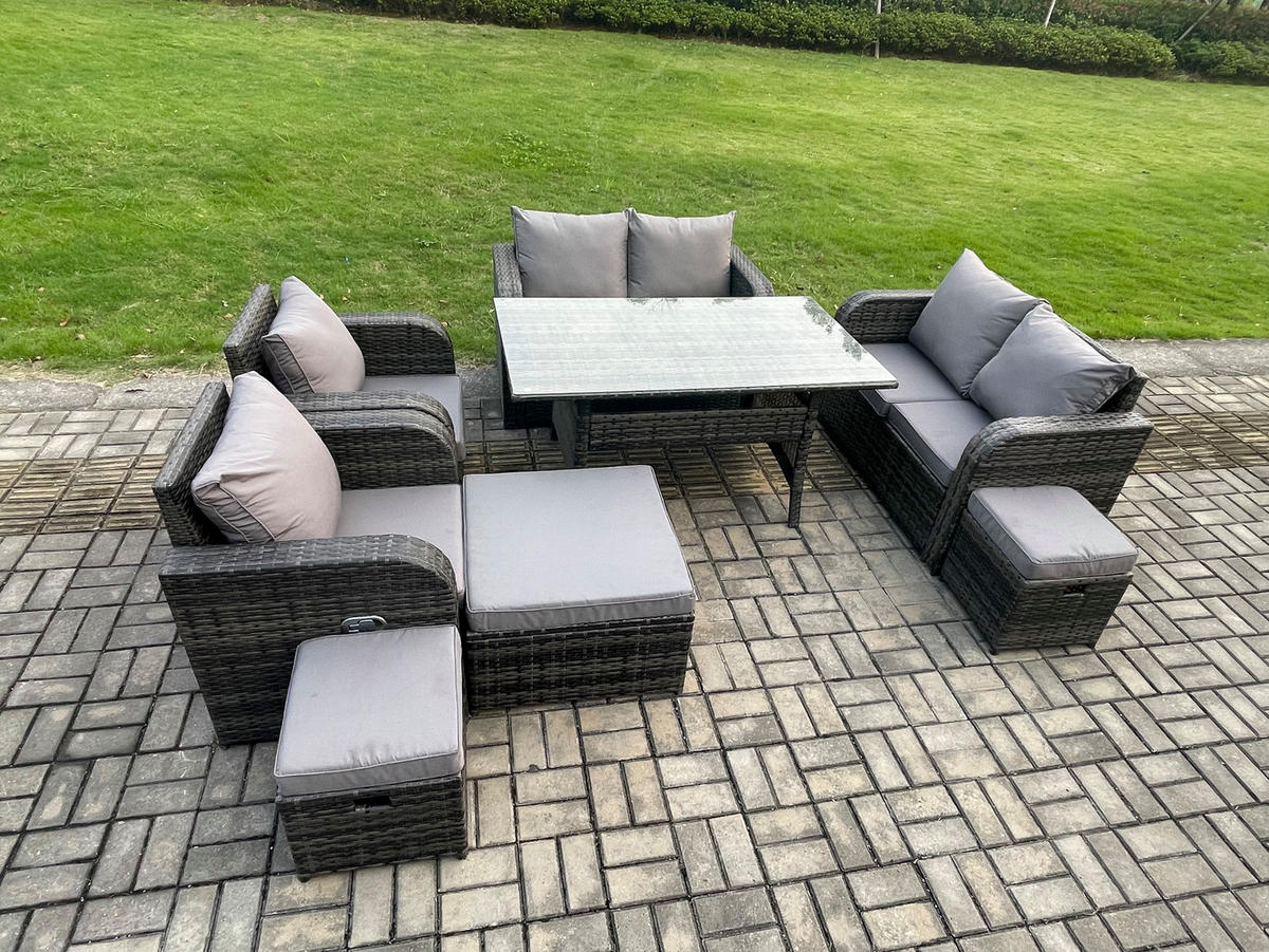 GARTENSET mit Zweisitzer,Esstisch,Polyrattan 9-Sitzer - Dunkelgrau/Grau, Glas/Kunststoff - Fimous