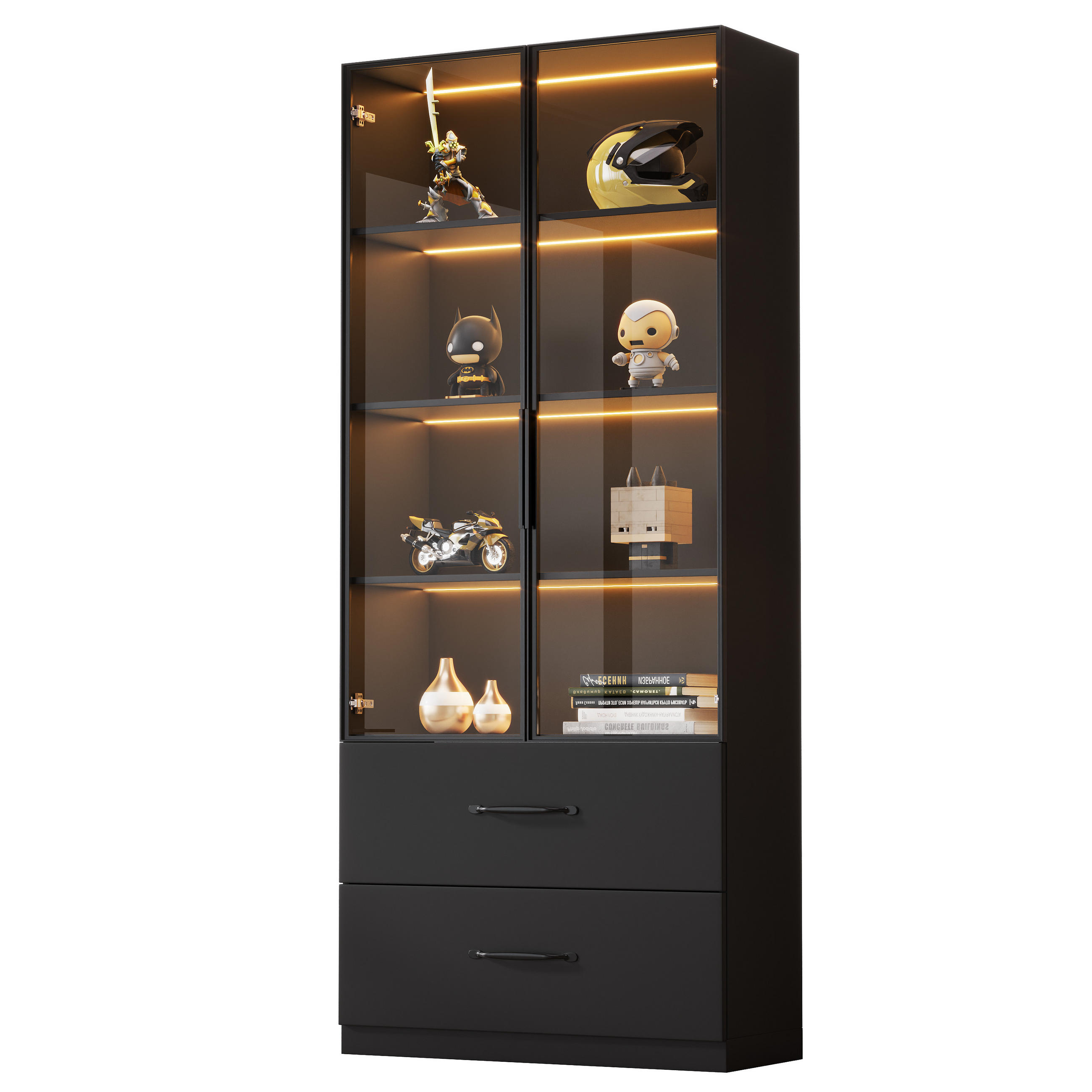 VITRINE 60cm Glas LED Aluminium 2 Türen Schubladen modern - Schwarz, Holzwerkstoff (60/160/40cm) - FLIEKS