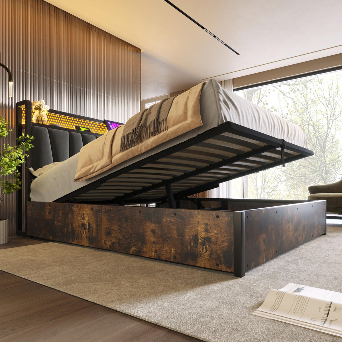 POLSTERBETT 160/200 cm grau mit LED und USB-Anschlüssen - Grau, Textil (160/200cm) - OKWISH