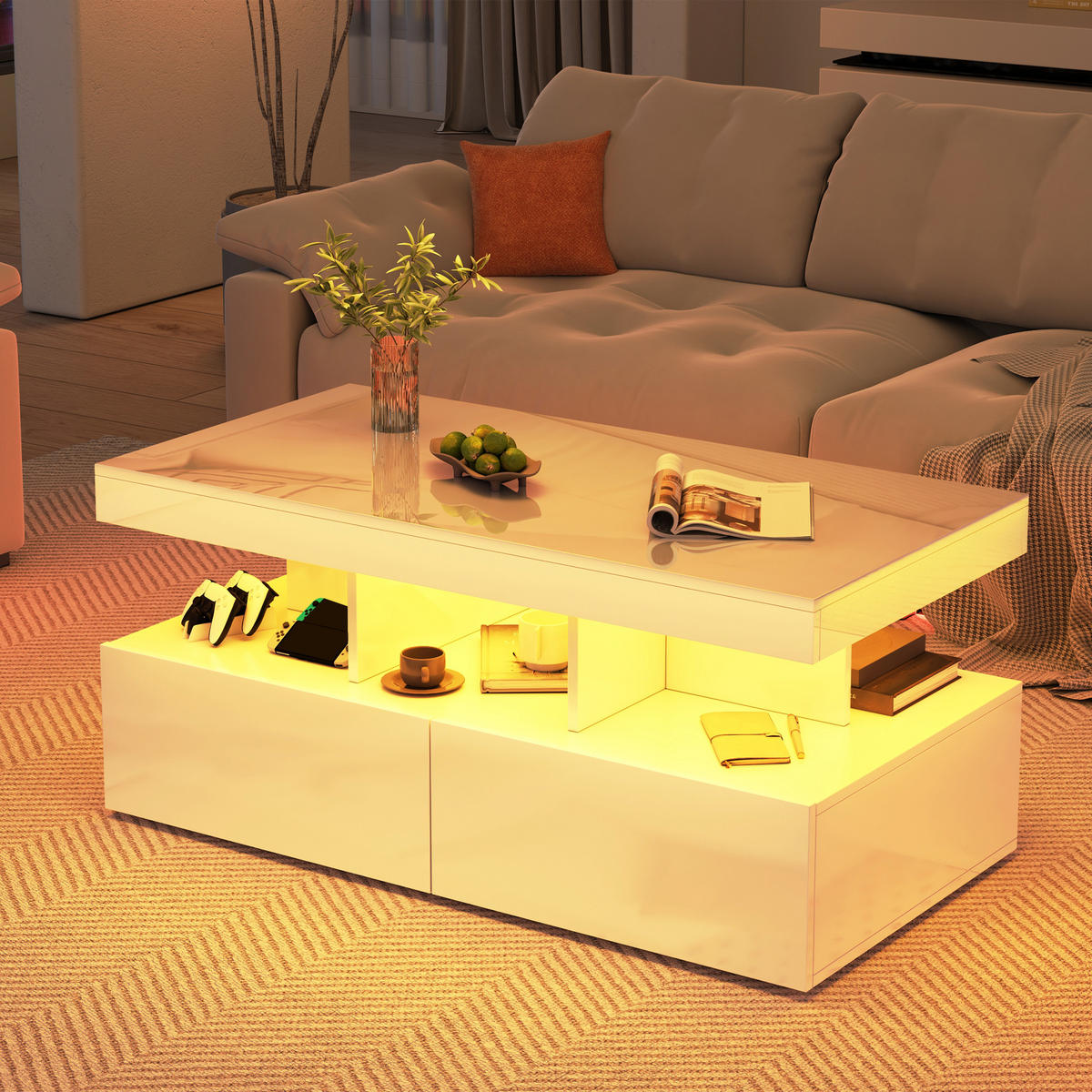 COUCHTISCH 2 Schubladen LED Stauraum modern weiß - Weiß, Holz (53/104/46cm) - LEBENLANG