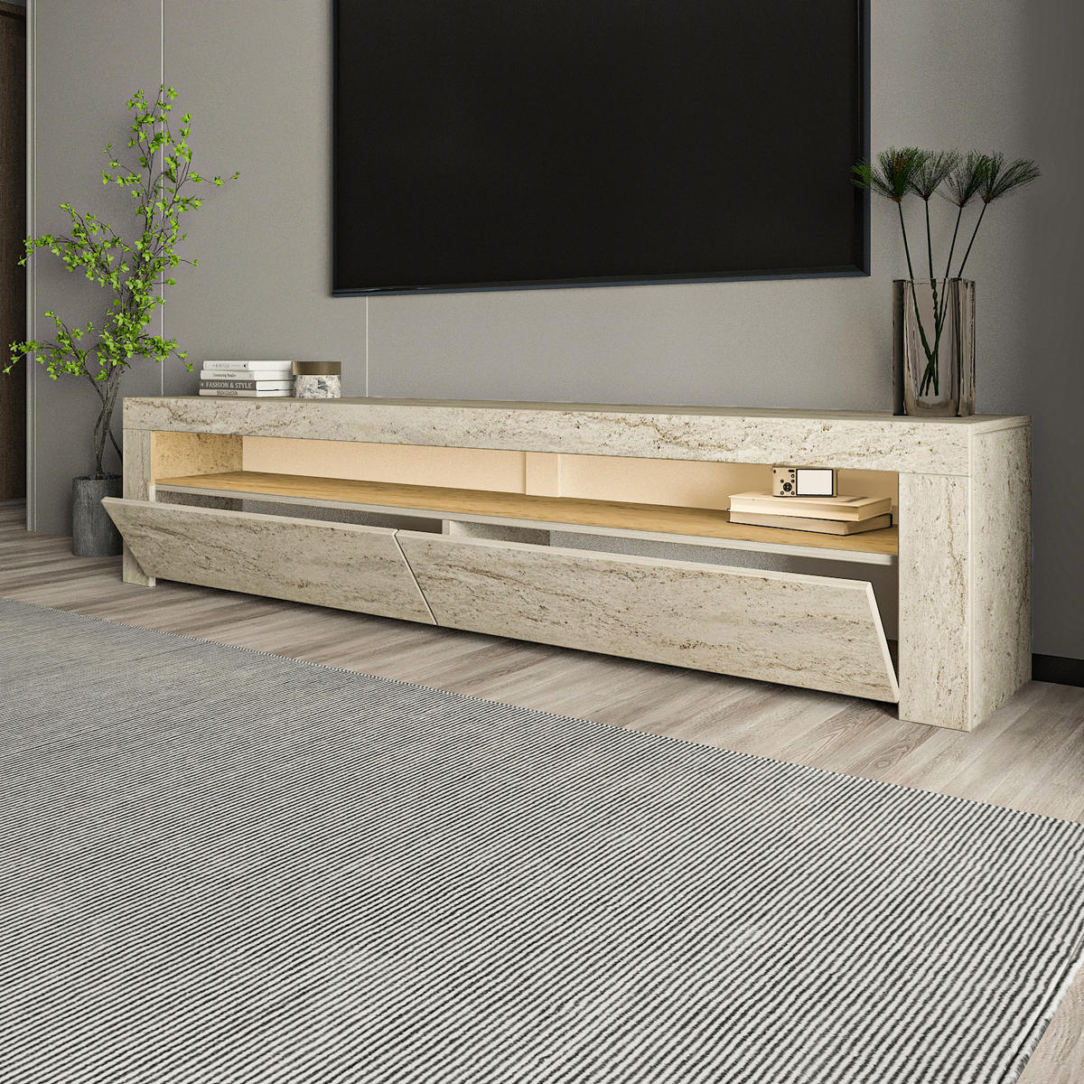 TV LOWBOARD Bati Granitoptik mit Travertin LED-Leuchten 93311 - Beige, Holzwerkstoff (150/47/37cm) - moebel17