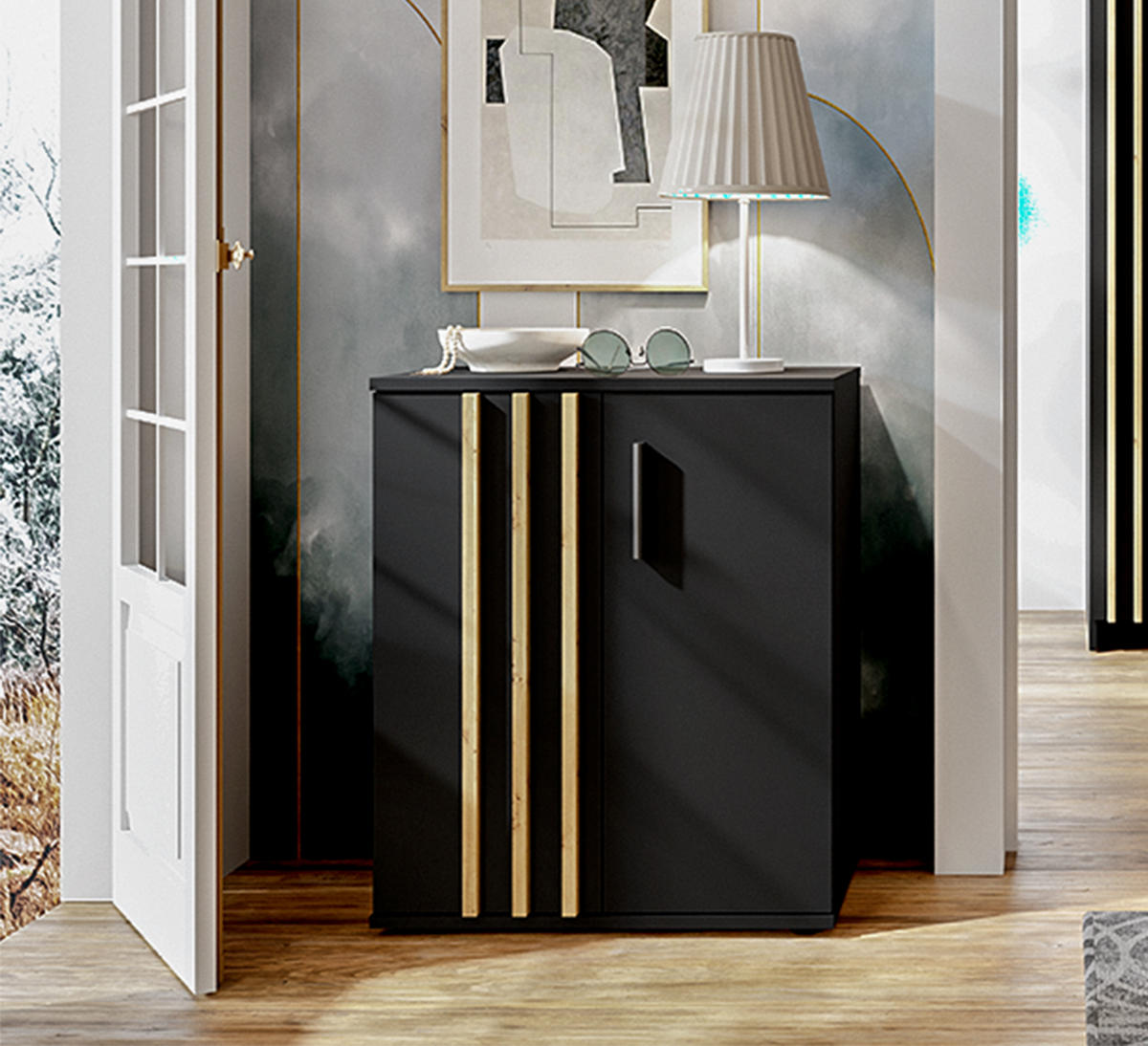 SIDEBOARD Turell 2D Schwarz 60/73/35 cm – Kommode Schmal mit Lamellen - Schwarz, Holzwerkstoff/Kunststoff (60/73/35cm) - AX Living