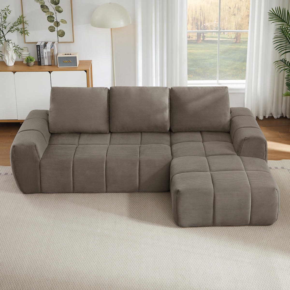 ECKSOFA Cord Taupe mit Kissen - Taupe, Textil (255/162cm) - WISHDOR