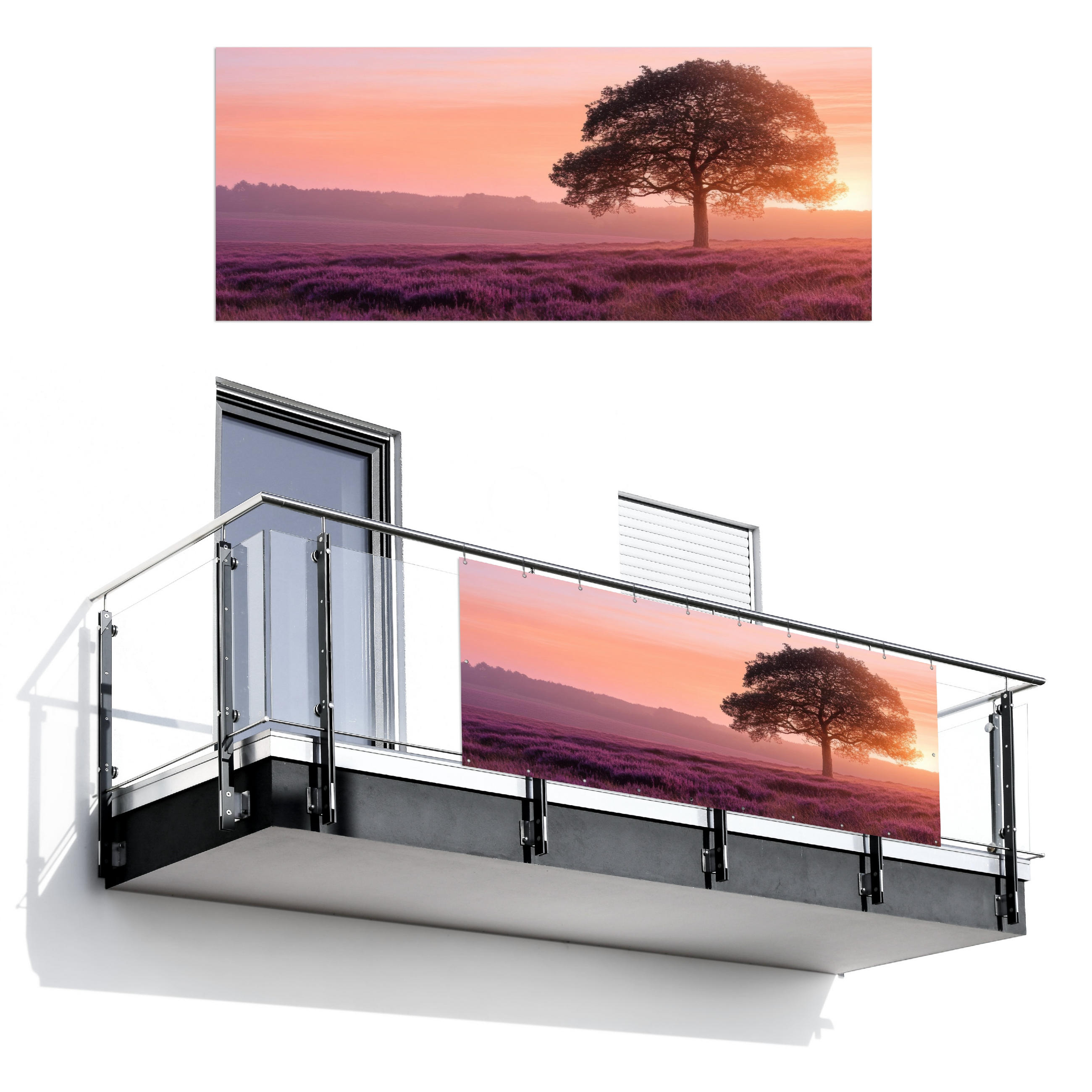 BALKON-SICHTSCHUTZ Baum - Heidekraut - Sonnenaufgang - Flieder, Kunststoff (300/130cm) - MuchoWow
