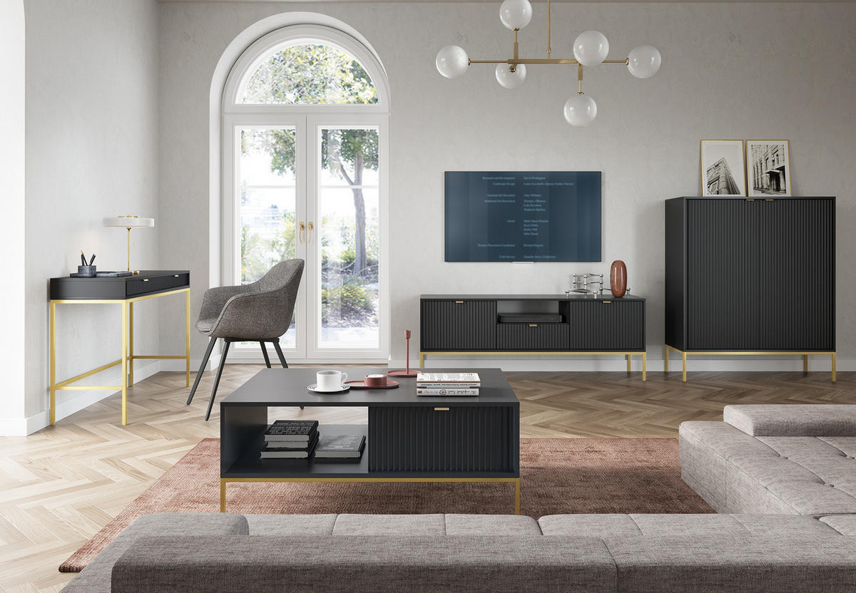 NACHTTISCH Nova - NOC, Geriffelte Front mit Goldenes Griffdesign 54x39x56 cm Schwarz - Goldfarben/Schwarz, Holzwerkstoff/Kunststoff (54/56/39cm) - DomoHome