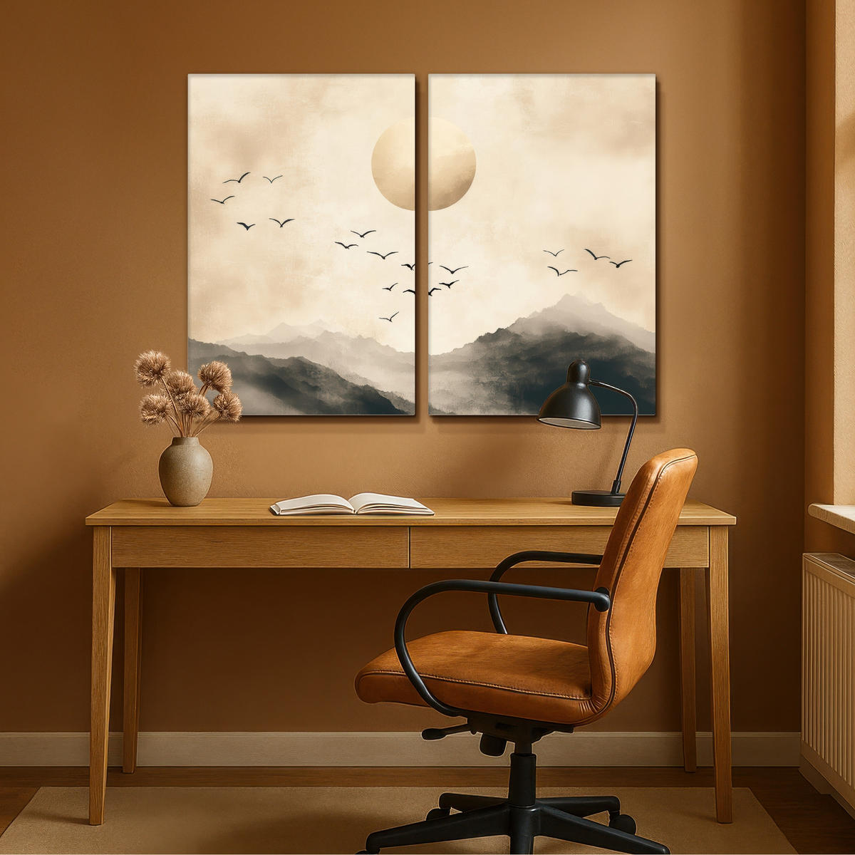 LEINWANDBILD 2er Set Landschaft - Japandi - Beige - Vögel 120x90 cm - Beige, Textil (120/90cm) - MuchoWow