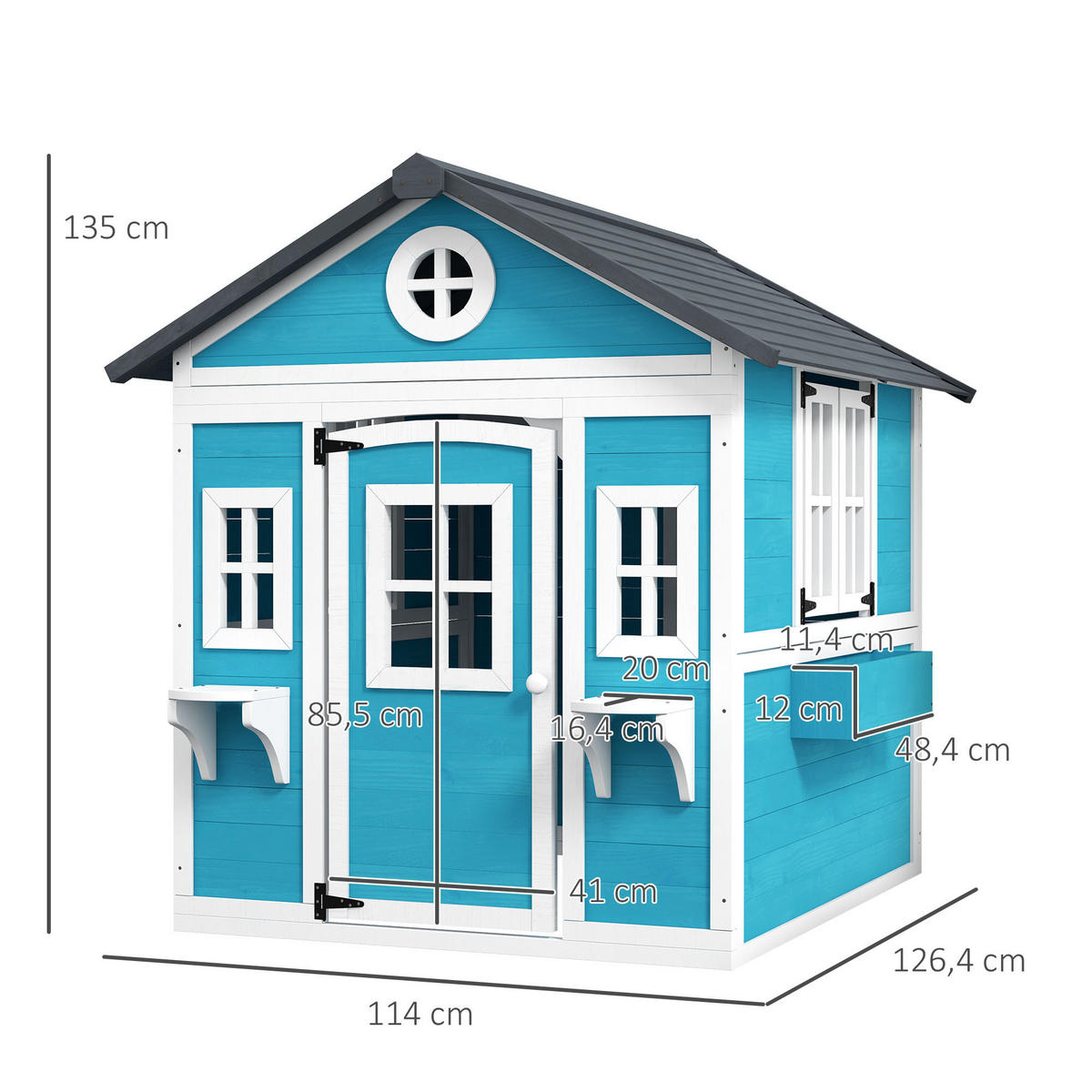 SPIELHAUS aus Holz mit Fenster, Blumenregal, Pflanzenkasten und Tür Blau - Blau, Holz (114/135/126.4cm) - Outsunny