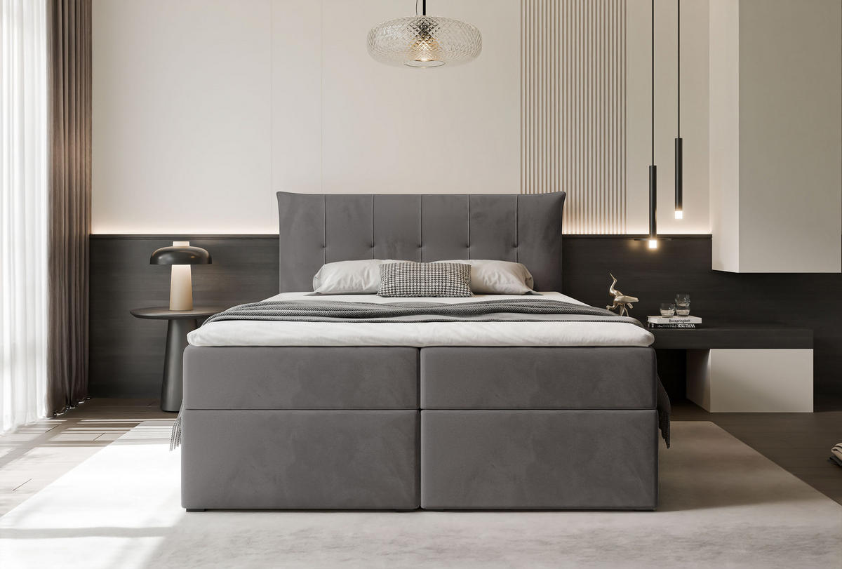 BOXBETT CHESTER 160/200 cm mit Matratze und Topper, Grau - Grau, Holzwerkstoff/Textil (160/200cm) - Idohome