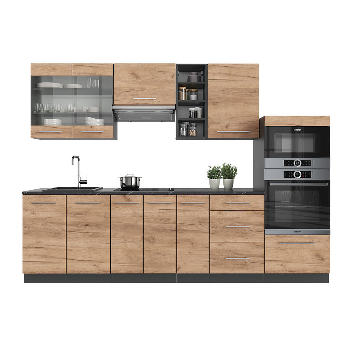 KÜCHENZEILE Fame-Line Goldkraft Eiche/Anthrazit 280 cm ohne AP - Honigeiche/Anthrazit, Holzwerkstoff (280/81.6/46cm) - Vicco