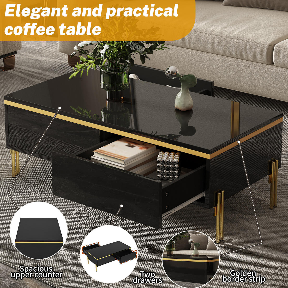 COUCHTISCH 100/50/36 cm in Schwarz aus Spanplatte mit Stauraum und Metallbeinen - Schwarz, Holzwerkstoff (100/50/36cm) - OKMYHOME