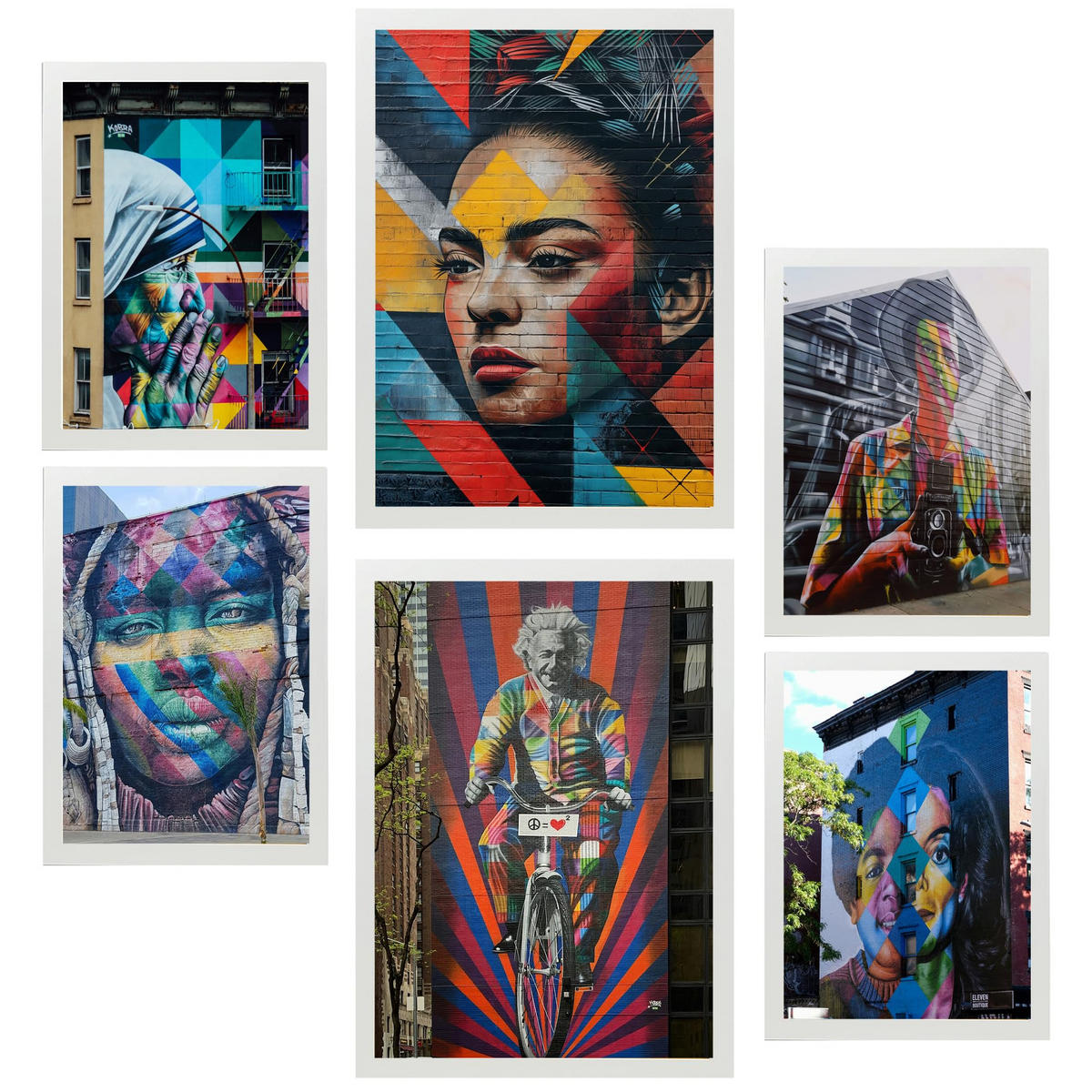 POSTER Set Mit 6 Graffiti Bunte Straßenkunst Frida Einstein Teresa Jackson A3 & A4 Weißer Rahmen - Weiß, Papier (29/3cm) - Nacnic
