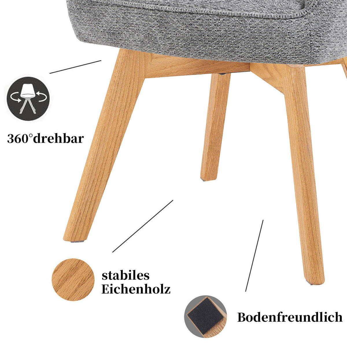 DREHSTUHL Mika-Mara 2er-Set - Honigeiche/Dunkelgrau, Eichenholz/Holz (60/87/65cm) - DUBI Möbel