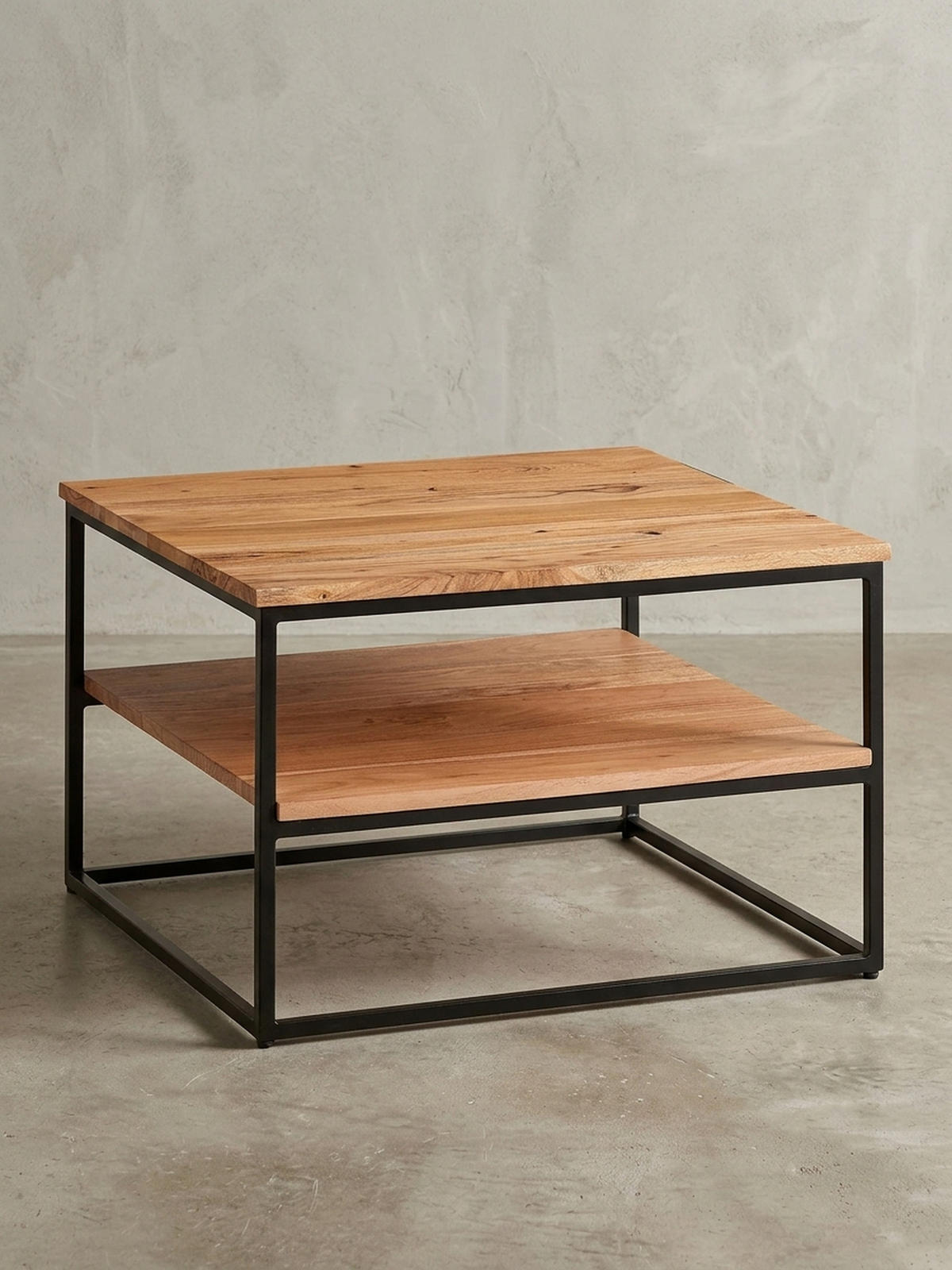 COUCHTISCH Industrial, Akazienholz mit Metallbeinen, zwei Ablageflächen - Beige/Schwarz, Holz/Metall (60/60/41cm) - KADIMA DESIGN