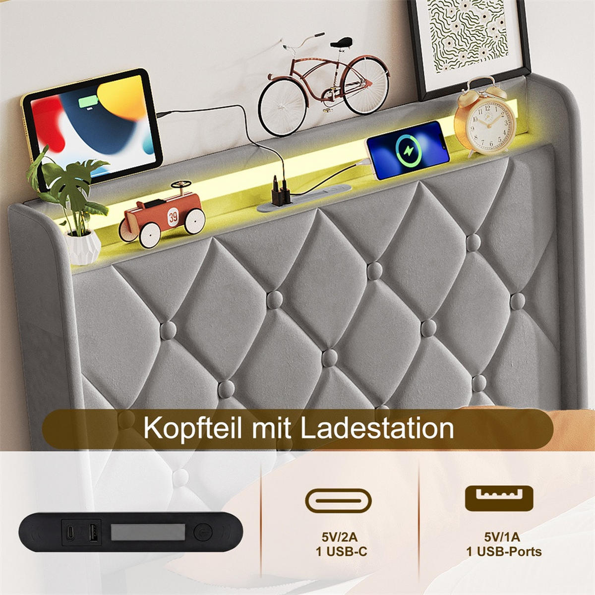 POLSTERBETT 90x200 cm mit hydraulischem Stauraum - Kopfteil Regal & LED - USB - ohne Matratze - Grau - Grau, Textil (90/200cm) - DELFA