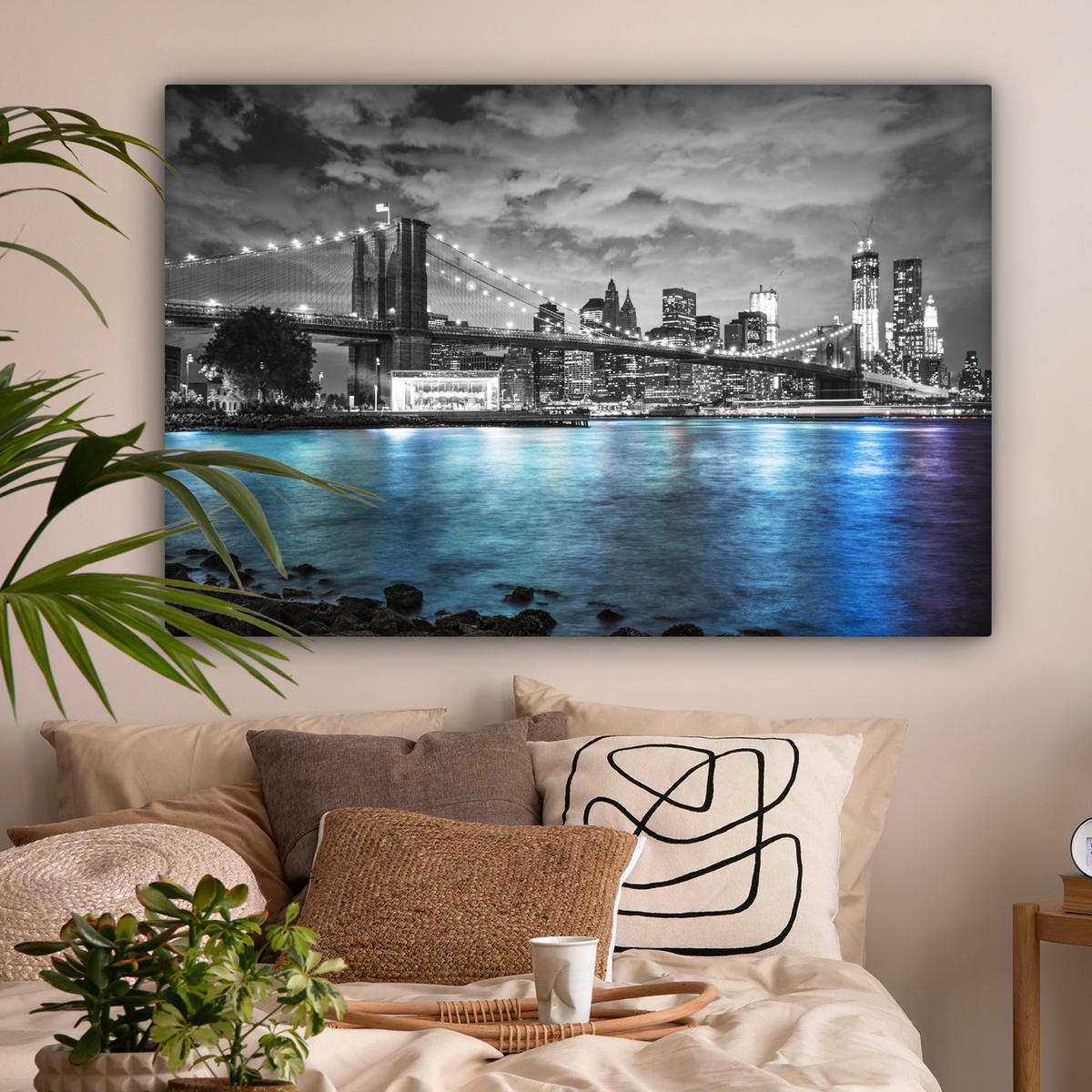 LEINWANDBILD New York - Skyline - Stadt - Blau Wohnzimmer Groß 120x80 cm - Blaugrau, Textil (120/80cm) - MuchoWow