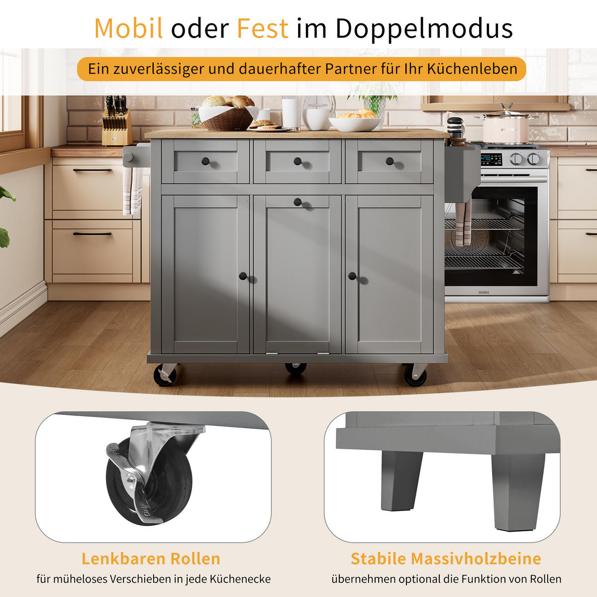 KÜCHENINSEL 112/46,2-76,2/92,7 cm Grau mit Ausziehbarer Arbeitsplatte, Mülleimerfach und 2 Schubladen - Grau, Holz/Holzwerkstoff (131.2/92.7/46.2cm) - Oxeza