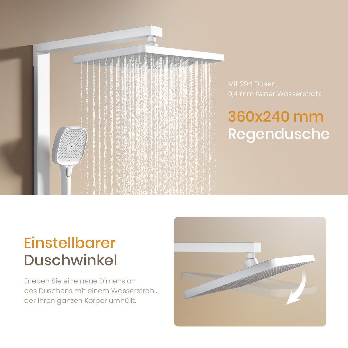 ÜBERKOPFBRAUSESET mit Thermostat Einstellbarer Durchfluss 4-Strahl Mattweiß - Weiß, Metall (40.2/105/57.3cm) - EMKE