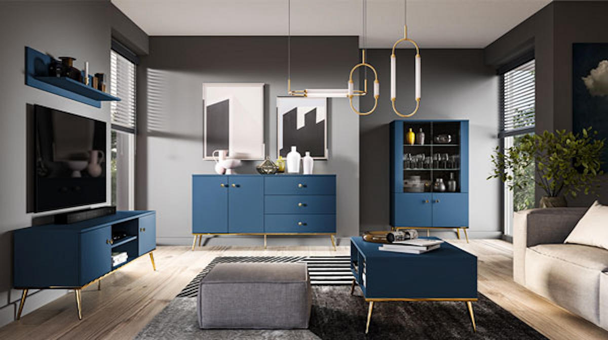 WOHNZIMMER-SET Marine dunkelblau / gold 427 / 40 / 190cm 4-teilig - Blau/Dunkelblau, Holz/Holzwerkstoff (427/190/40cm) - Feldmann-Wohnen