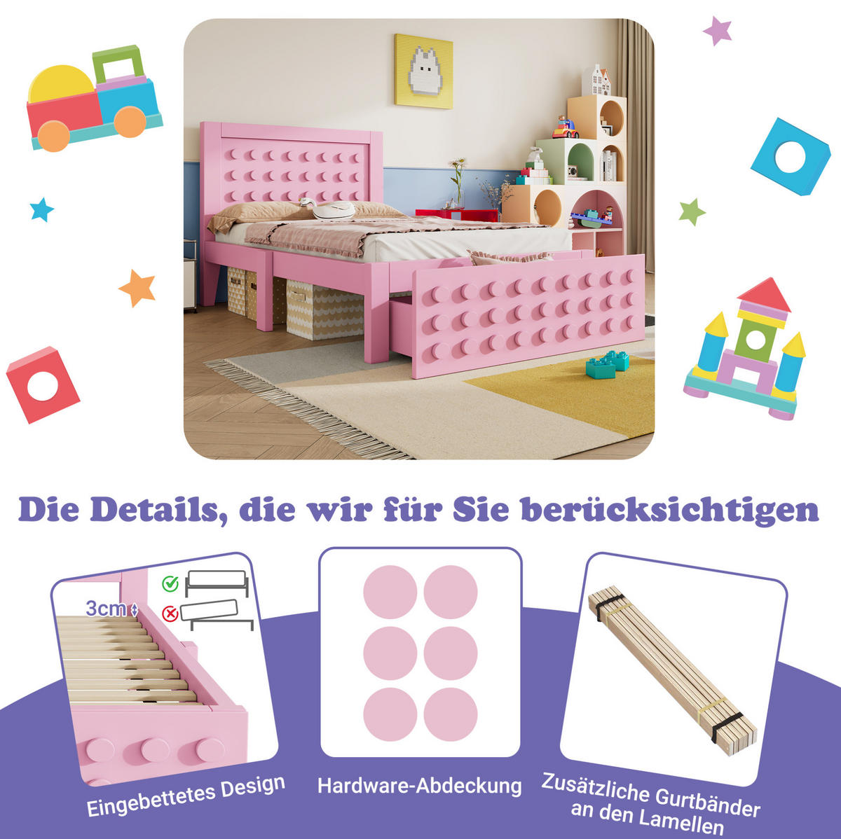 KINDERBETT 90/190 cm aus Holz mit Schublade, Lattenrost und Stauraum, Rosa - Rosa, Holzwerkstoff (90/190cm) - Redom