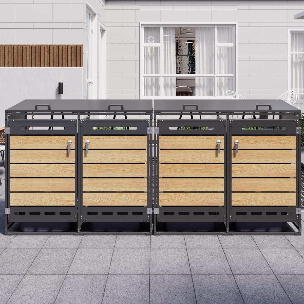 MÜLLTONNENBOX 4er Set Hydraulik Deckel Holzoptik horizontal Schloss - Schwarz, Metall (262/116/79cm) - LEBENLANG