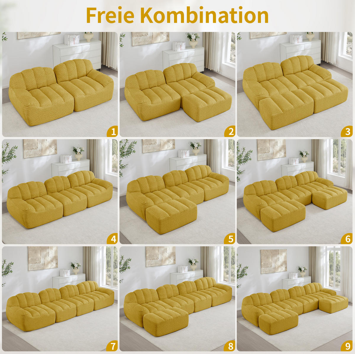 MODULARES 4-Sitzer Sofa aus granuliertem Fleece mit ergonomischer Muschelform Gelb - Gelb, Textil (104/79/366cm) - Modenvie