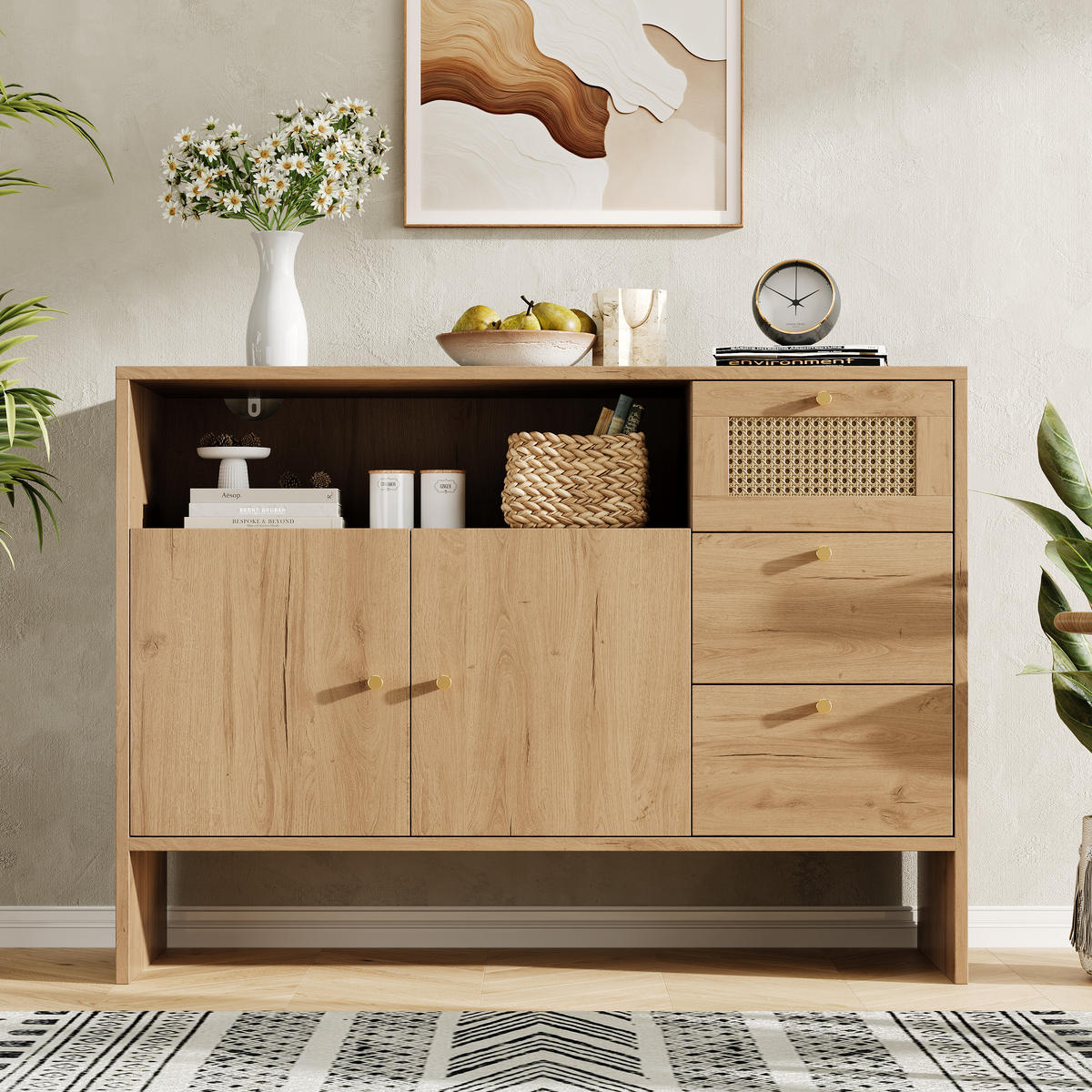 SIDEBOARD 105x40x76 cm mit Rattan, 2 Türen und 3 Schubladen - Naturfarben, Holzwerkstoff (105/76/40cm)