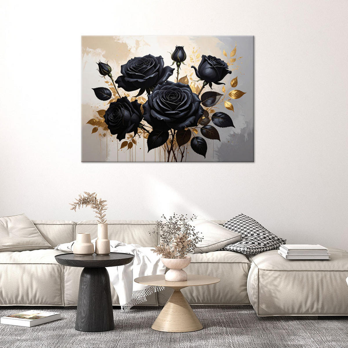 BILD auf Leinwand, Schwarze Rosenblüten auf beigem Hintergrund - Schwarz, Textil (60/40cm) - Feeby