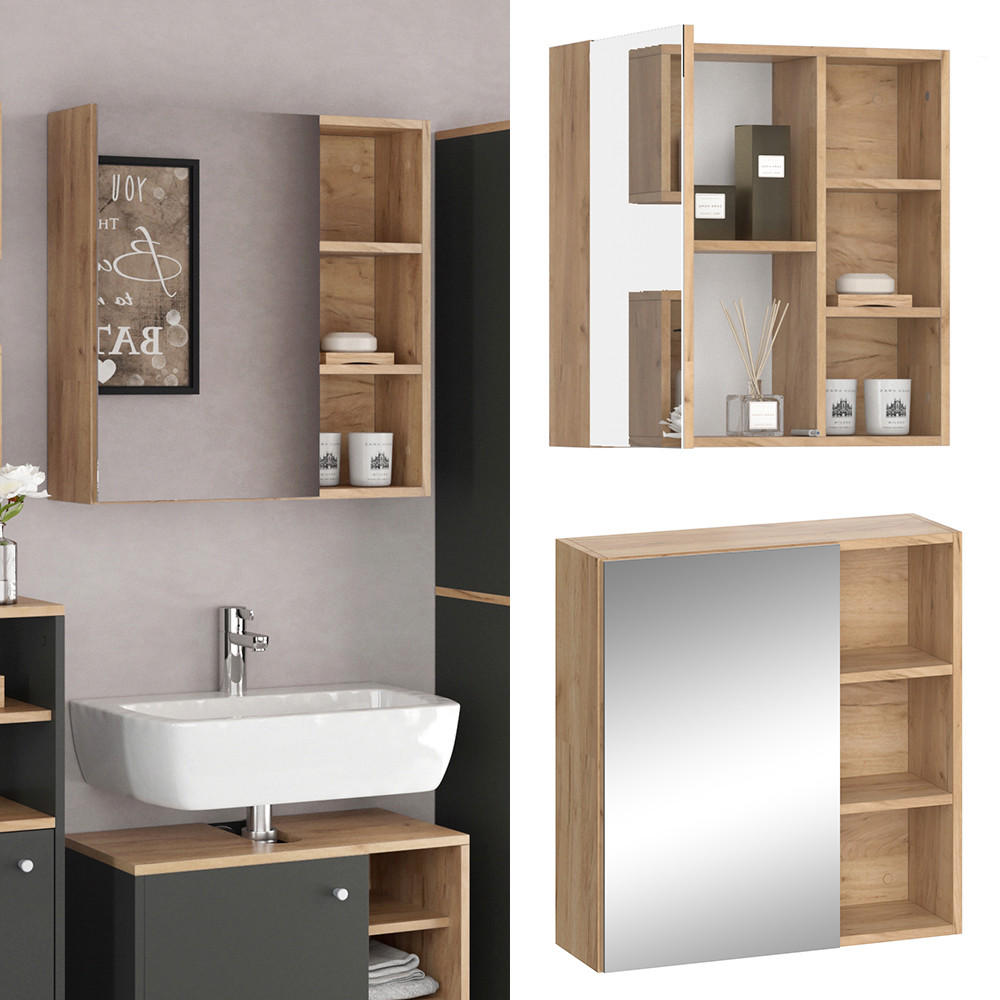 BADSPIEGELSCHRANK Senyo Anthrazit 62 x 64 cm - Anthrazit/Eiche Wotan, Holzwerkstoff (62/64/21cm) - Vicco