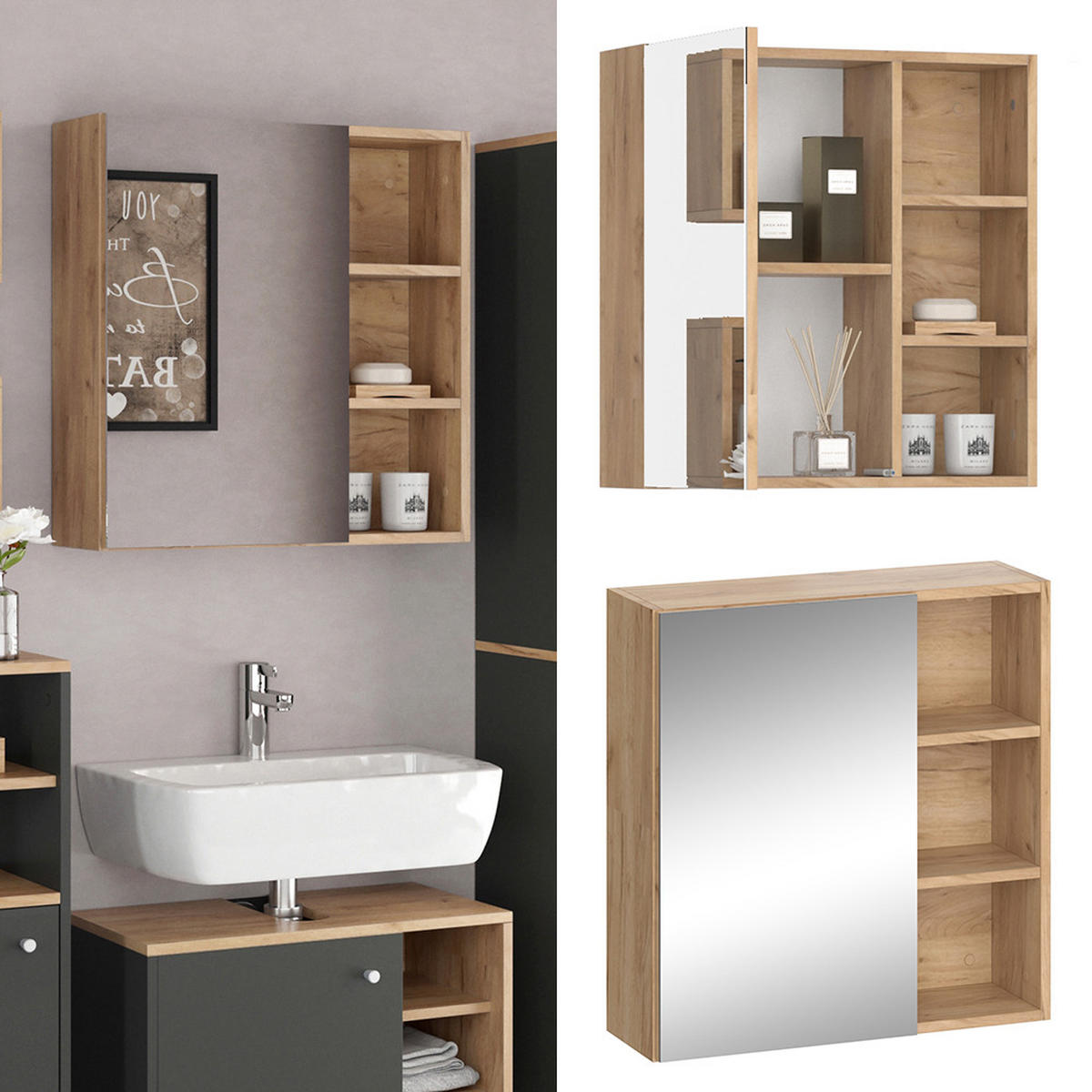BADSPIEGELSCHRANK Senyo Anthrazit 62 x 64 cm - Anthrazit/Eiche Wotan, Holzwerkstoff (62/64/21cm) - Vicco