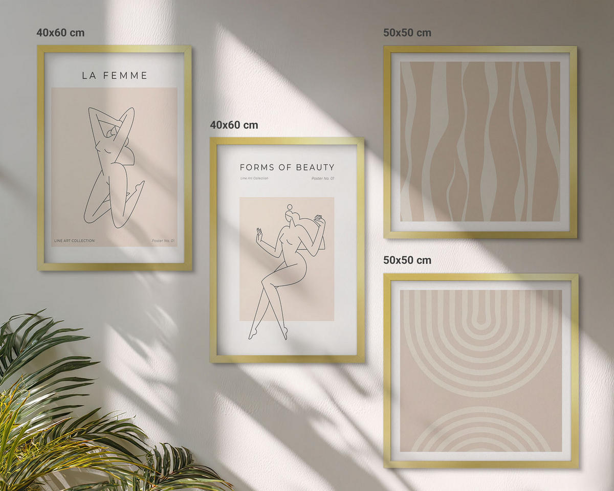BILDER SET 4er Set - 50x50 cm & 40x60 cm Goldrahmen - Eine Sammlung minimalistischer Formen - Goldfarben, Kunststoff (50/50cm) - TULUP