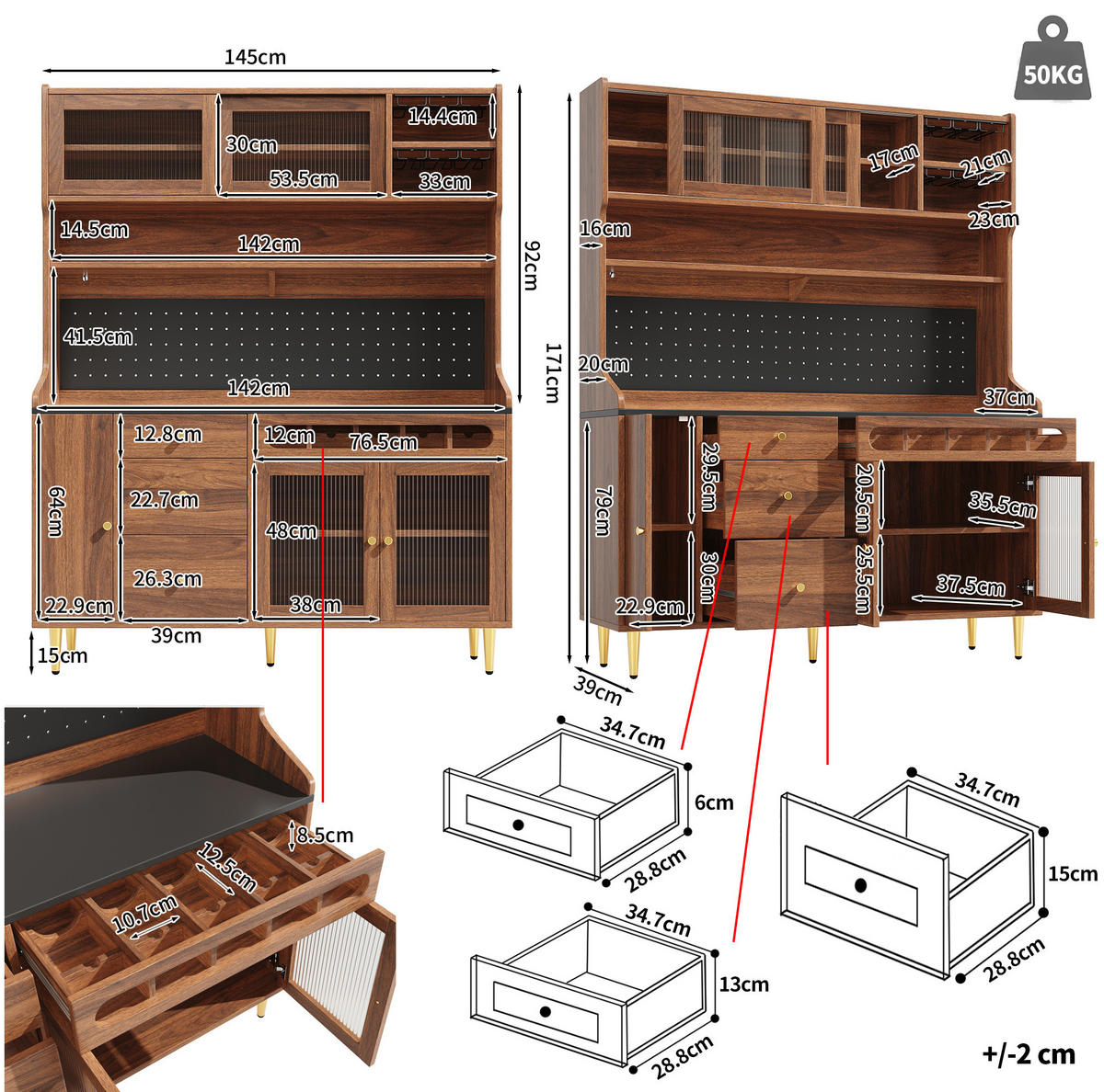 BUFFET 145/39/171 cm aus MDF und Glas mit LED-Beleuchtung und Weinregal Walnussfarben - Walnussfarben, Holzwerkstoff (145/171/39cm) - Modenvie