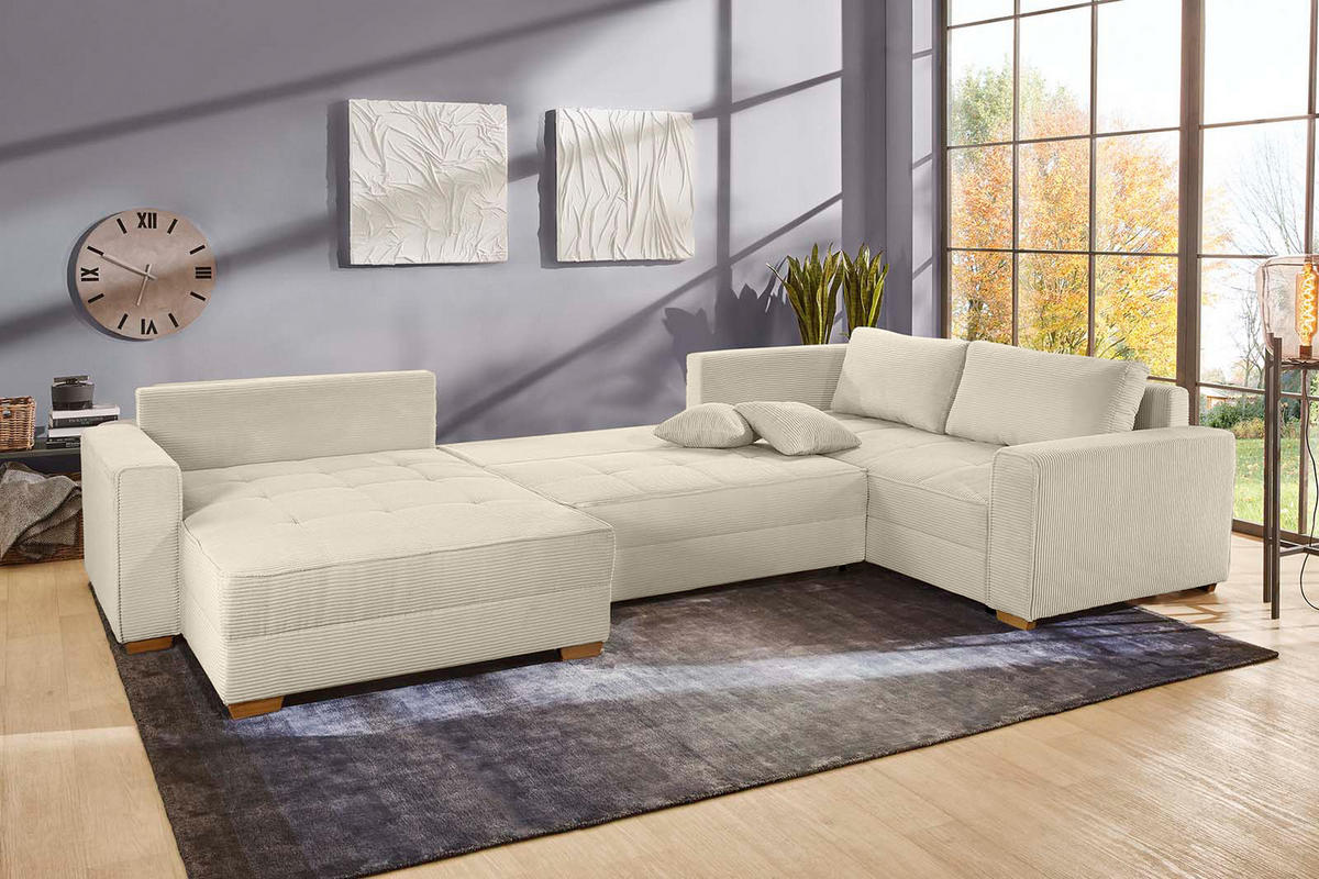 WOHNLANDSCHAFT Schlaffunktion Bettkasten Wellenunterfederung, spiegelverkehrt montierbar U-Form B379/T227/H86 cm, Cord Beige Grau / 15200 - Greige/Eichefarben, Holz/Textil (379/86/227cm) - luma-home