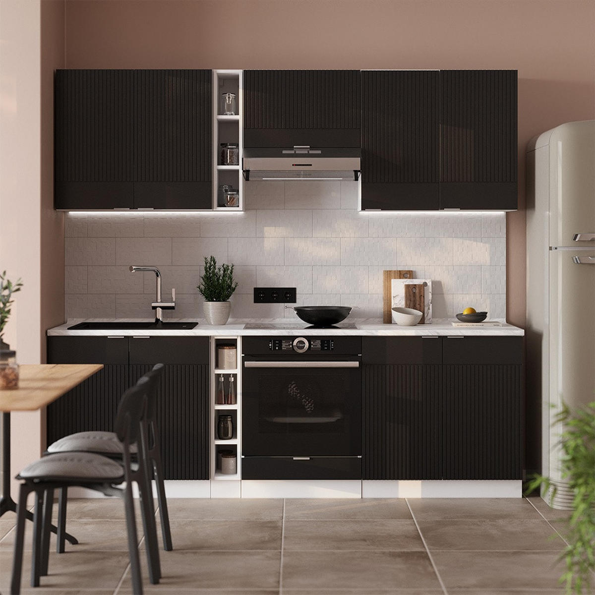 KUHINJSKA ENOTA Fame-Line Črna črtasta/bela 235 cm , DP Marmor - črna/bela, leseni material (235/206.8/60cm) - Vicco