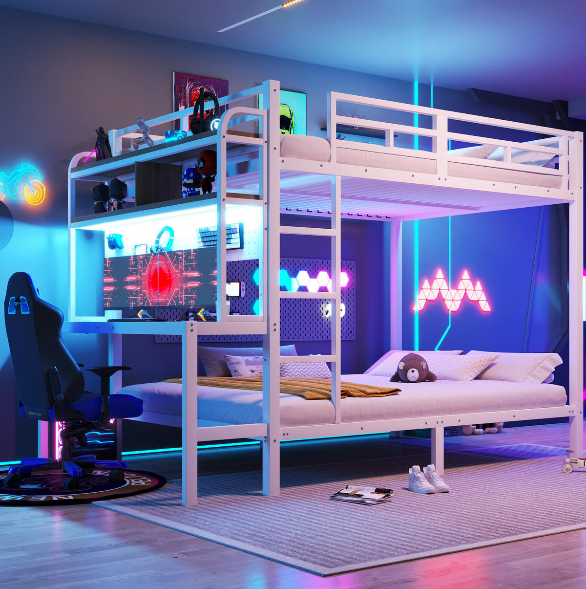 ETAGENBETT 140/200 cm Weiß mit Schreibtisch und LED-Beleuchtung mit USB-Anschluss aus Metall - Weiß, Metall (140/200cm) - OKWISH