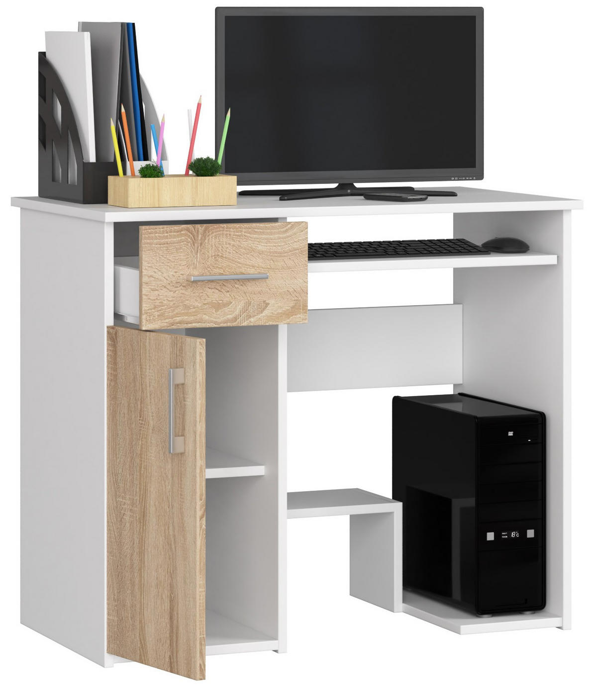 SCHREIBTISCH Weiß, Sonoma Eiche 90x50x74 cm - Silberfarben/Weiß, Holzwerkstoff/Kunststoff (50/90/74cm) - Akord