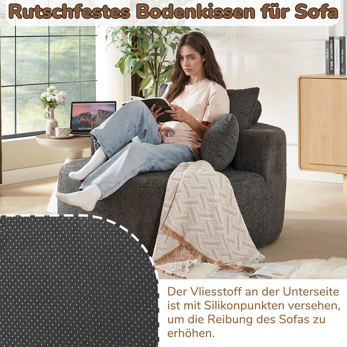 SESSEL XXL 127x127 cm Grau aus Chenille, Keine Montage - Grau, Textil (127/85/127cm) - Urban Meuble