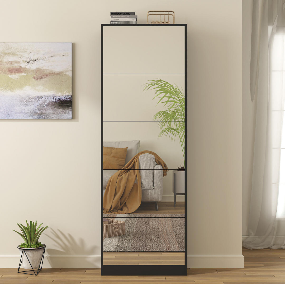 SCHUHSCHRANK 185 cm mit 5 Klappen und Spiegel, platzsparend, Schwarz - Schwarz, Holzwerkstoff (63/185/24cm) - Redom