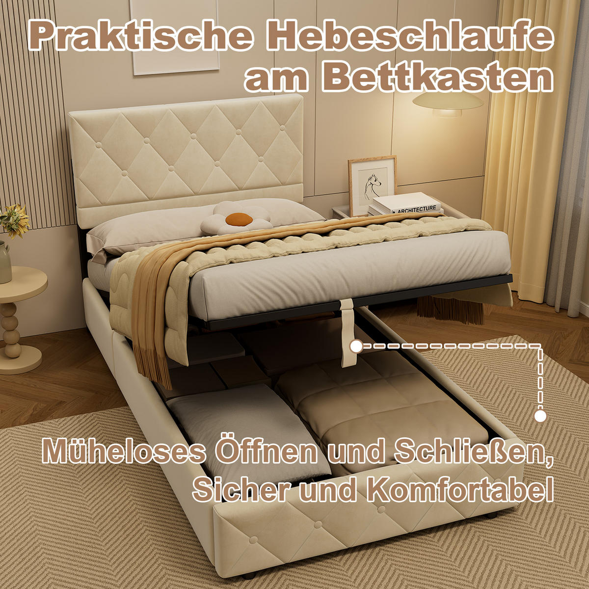 POLSTERBETT 90/200 cm mit Bettkasten in Beige, Samt, ohne Matratze - Beige, Holzwerkstoff/Textil (90/200cm) - WISHDOR