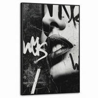 LEINWAND Bilder mit Rahmen - Gesicht - Mund - Graffiti - Schwarz - 60x90 - Schwarz, Textil (60/90cm) - MuchoWow