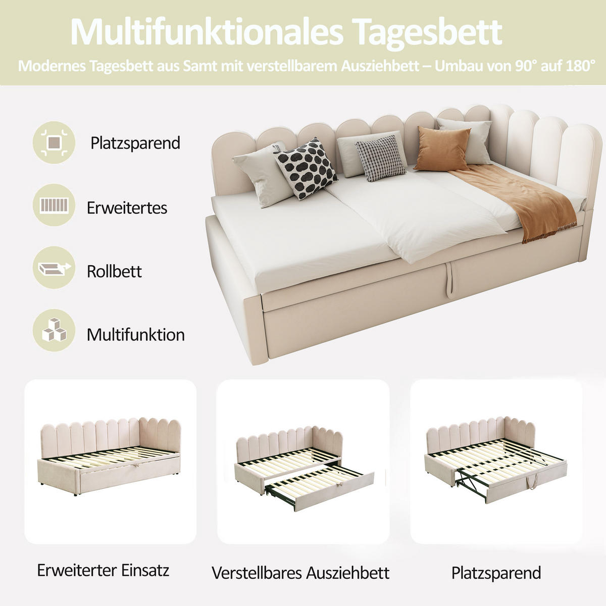 POLSTERBETT LForm 90/180x200 Beige Samt - Beige, Textil (180/200cm) - FLIEKS