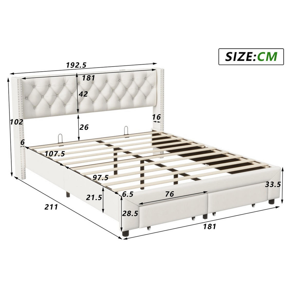 STAURAUMBETT 180/200 cm, mit 2 Schubladen, LED-Beleuchtung, USB, Beige - Beige, Holzwerkstoff (180/200cm) - Brevoria