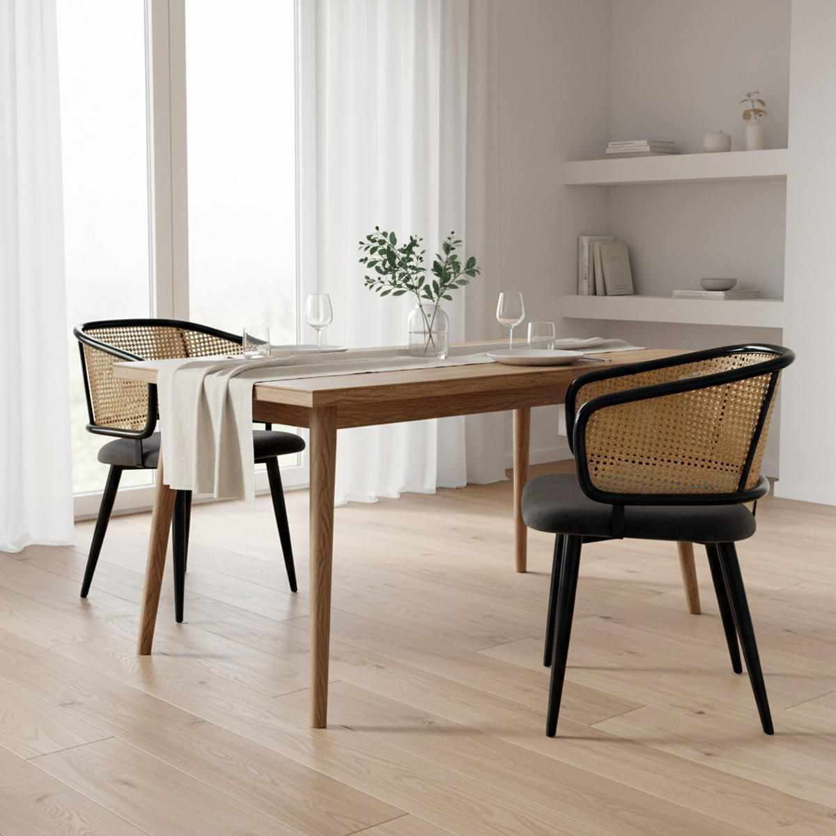 ESSZIMMERSTÜHLE 2er Set Rattan Rückenlehne & Samtsitz - Grau, Leder/Textil (47/79/47cm) - Urban Meuble