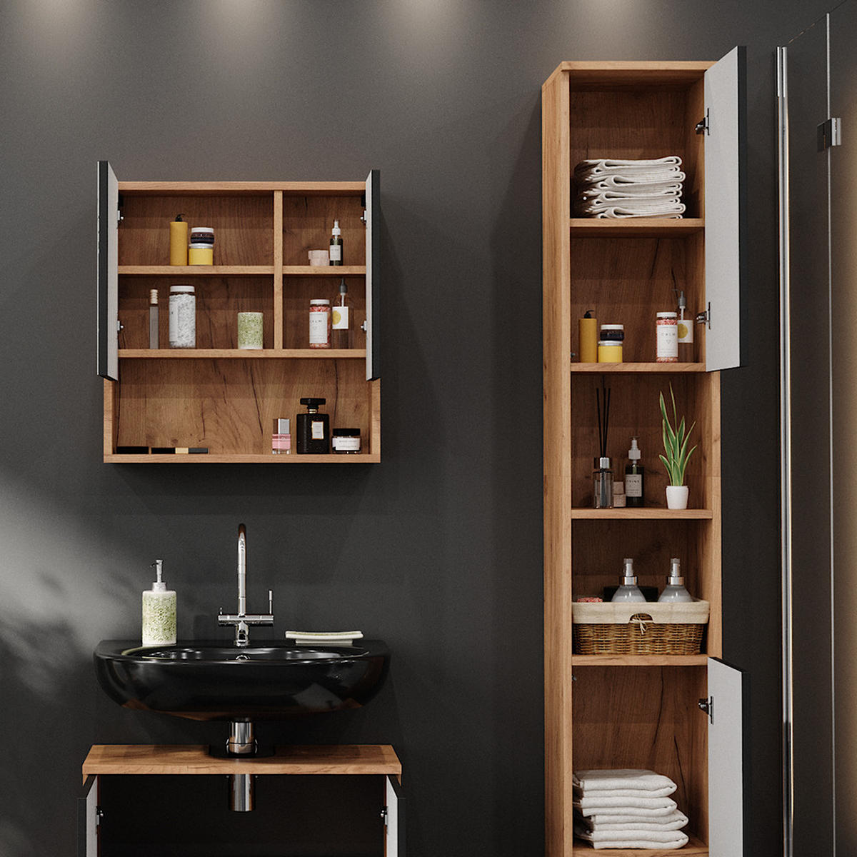 BADSCHRANK Irma Anthrazit gepunktet 30 x 192 cm - Anthrazit, Holzwerkstoff (30/192/30cm) - Vicco