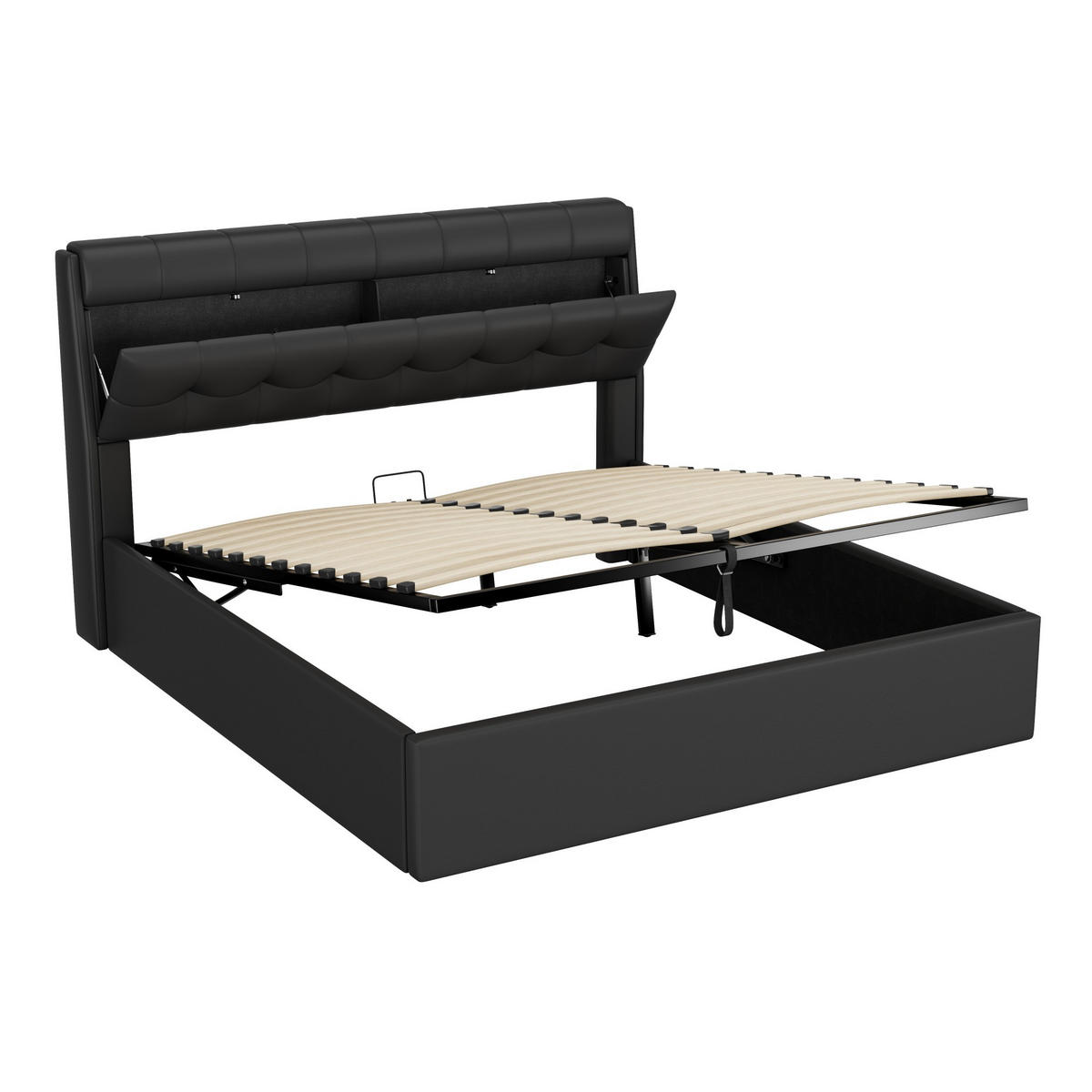 POLSTERBETT 160x200cm Schwarz PU Mit Hydraulik & Verdecktem Stauraum - Schwarz, Leder (160/200cm) - FLIEKS