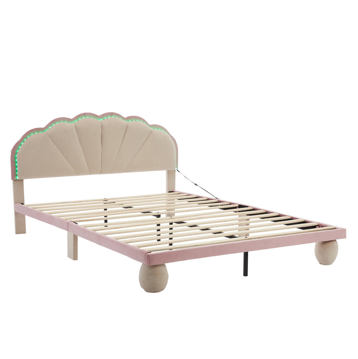 SAMT-POLSTERBETT 140/200 cm mit LED-Beleuchtung und gepolstertem Kopfteil - Beige, Textil (140/200cm) - BEAOK